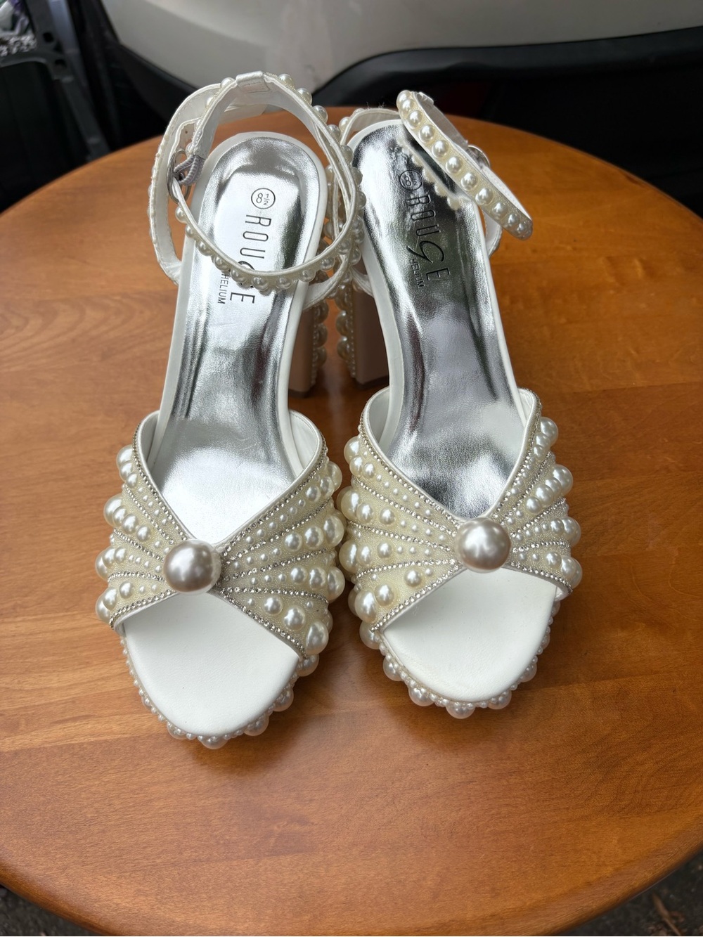 Rouge Helium Pearl-Embellished Ivory Satin Block Heels